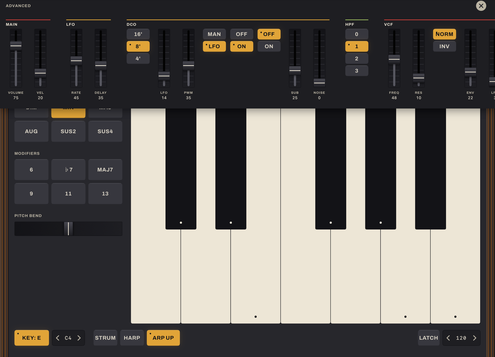 The Advanced drawer open over the keyboard, showing the MAIN, LFO, DCO, HPF and VCF sections