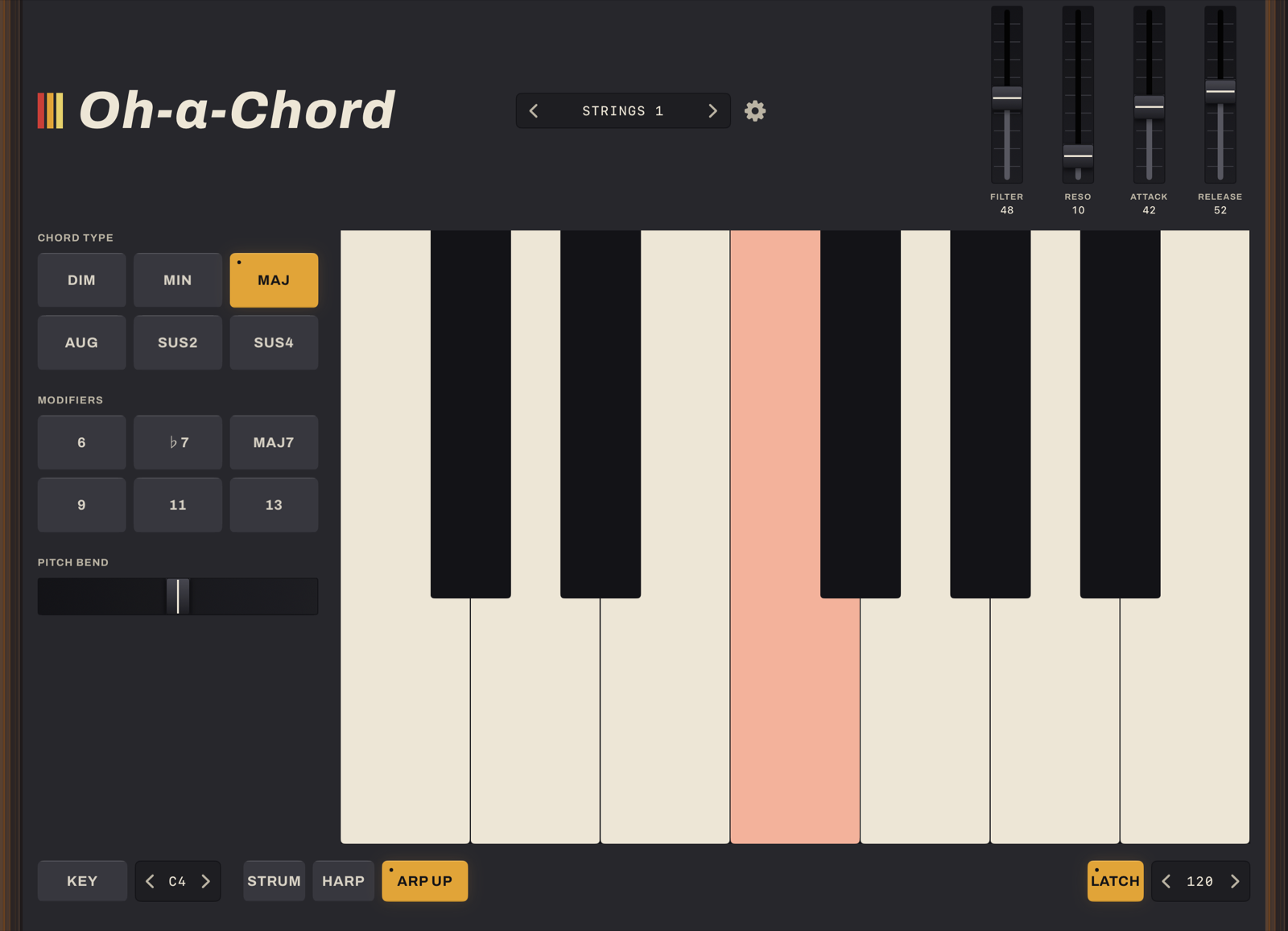 The bottom row with ARP UP and LATCH lit while the arpeggiator steps through a held chord