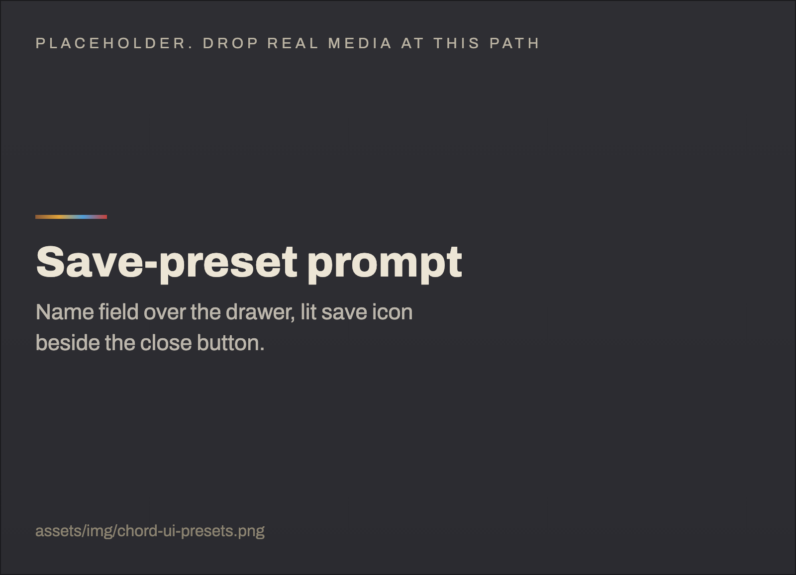 The preset name prompt over the settings drawer, with a lit save icon beside the close button