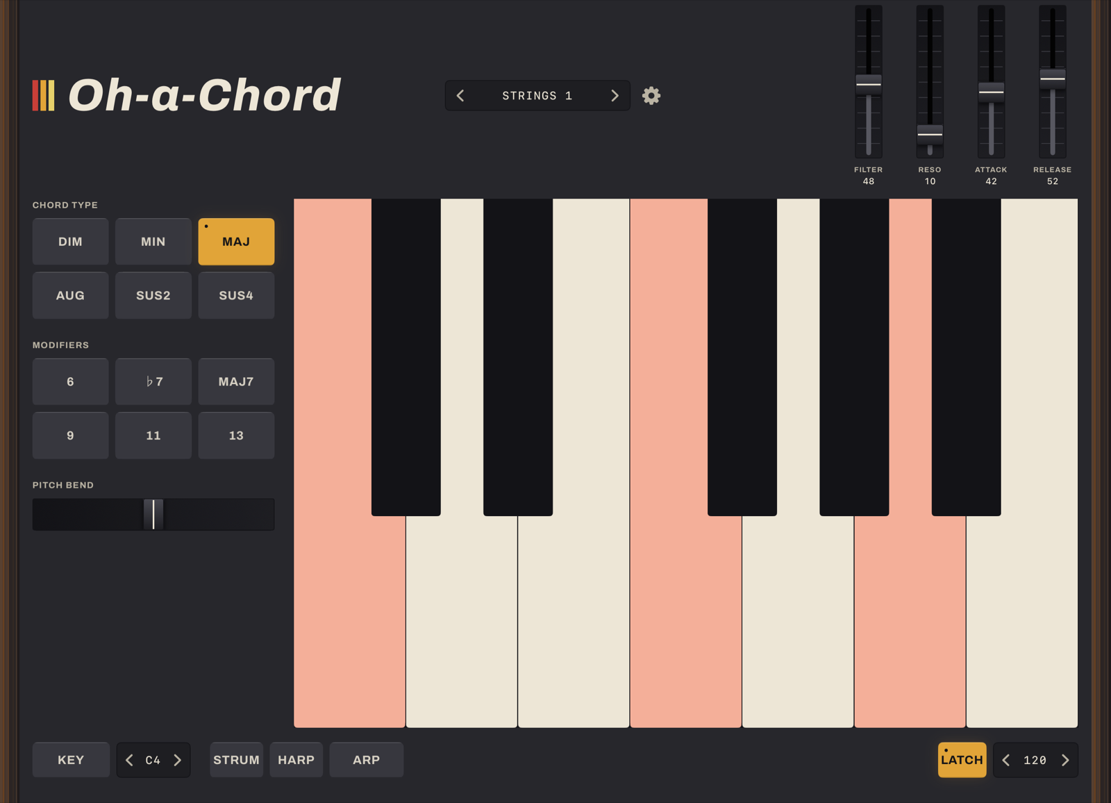 The full Oh a Chord panel with MAJ selected in the Chord Type grid, the Modifiers grid below it, and the notes of the chord lit across the keyboard