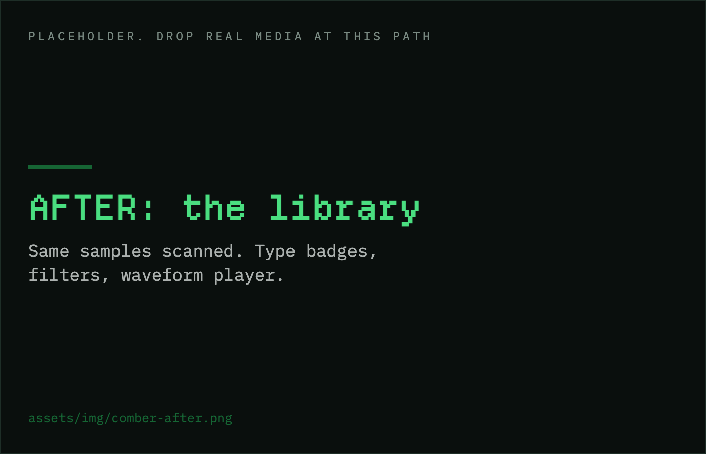 The Oh a Comber library: the same samples in a sortable list with type badges, BPM, and a waveform player