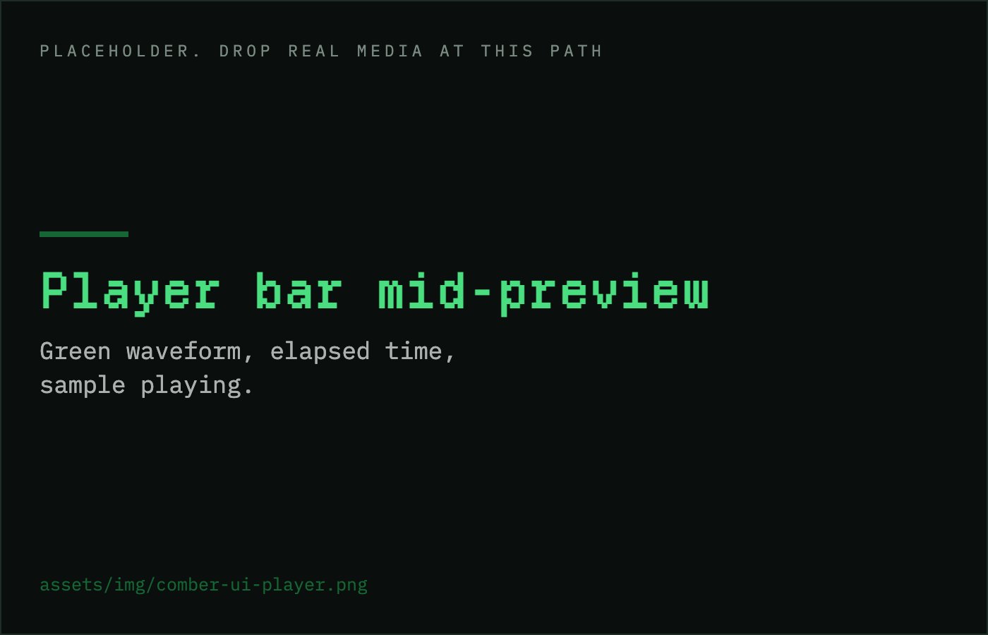 The player bar with a green waveform, elapsed time, and a sample playing