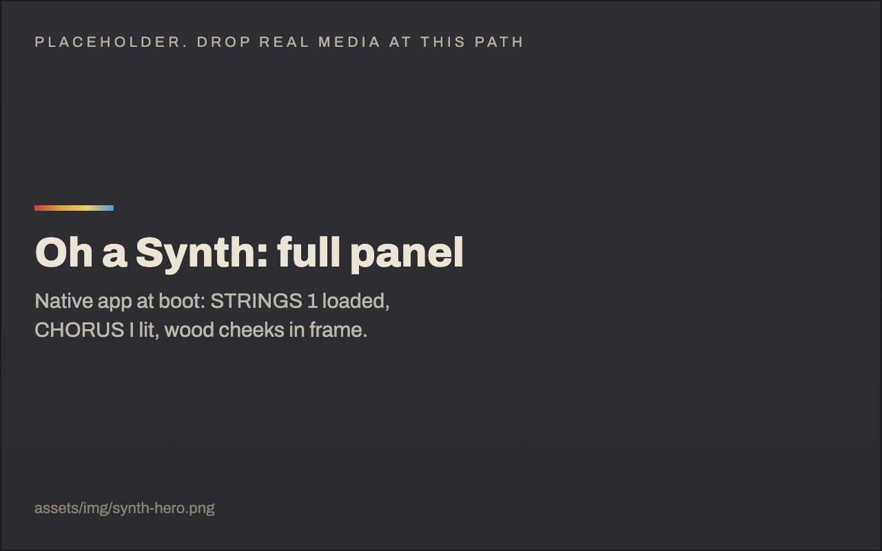 The Oh a Synth front panel: ARPEGGIO, MAIN, LFO, DCO, HPF, VCF, VCA, ENV and CHORUS sections over a six-octave keyboard